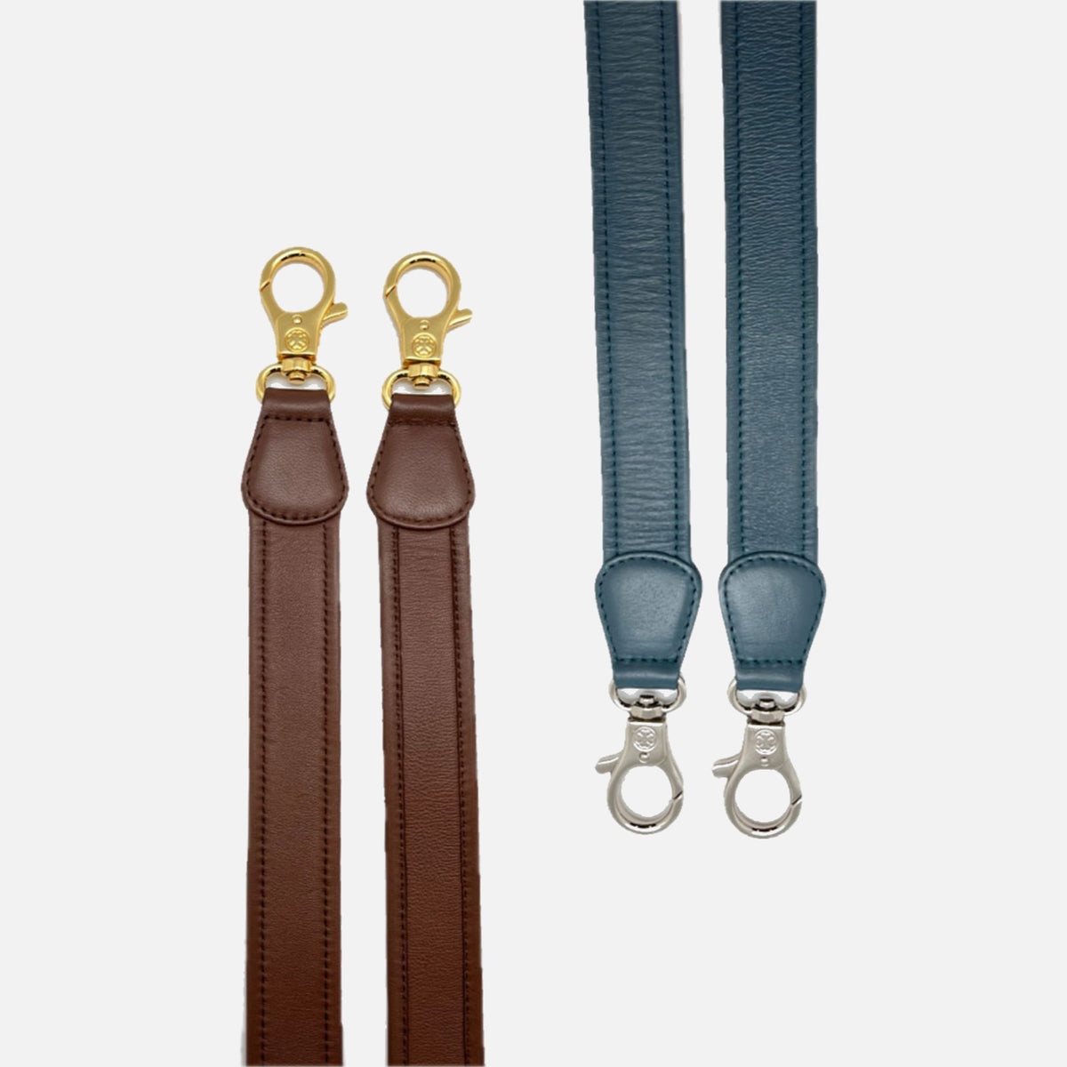 Klove leather bag straps in brown and blue