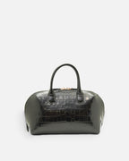 BOMBAY Black croc-embossed top-handle bag, front view