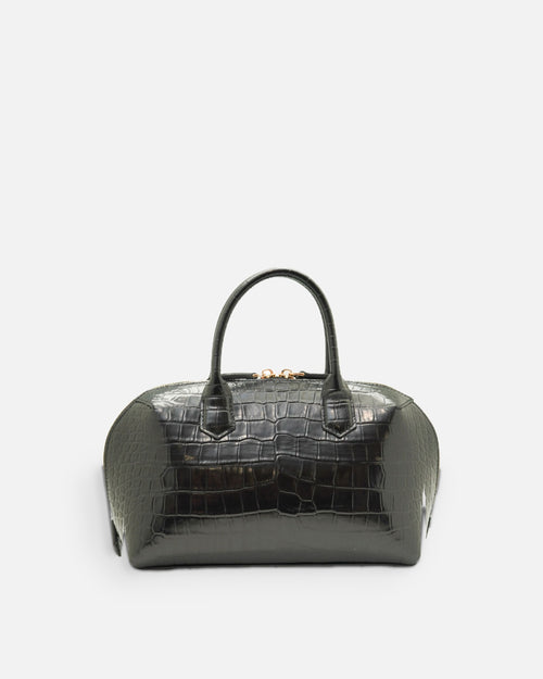 BOMBAY Black croc-embossed top-handle bag, front view