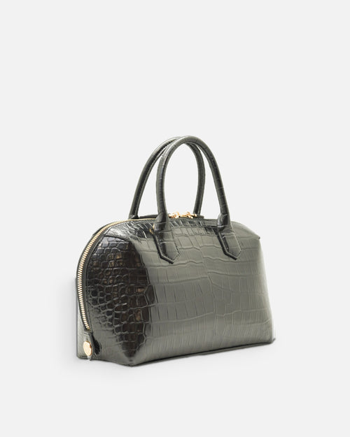BOMBAY Black croc-embossed top-handle bag, side view