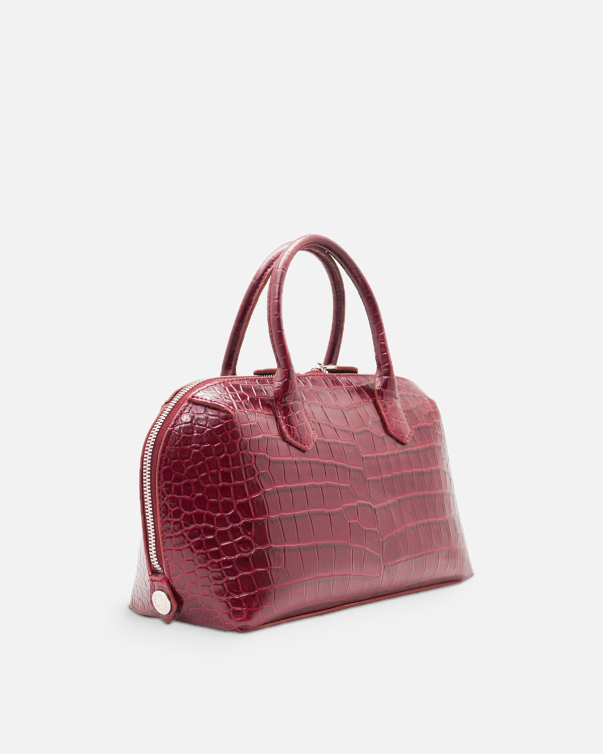 BOMBAY Ruby Red croc-embossed top-handle bag, side view