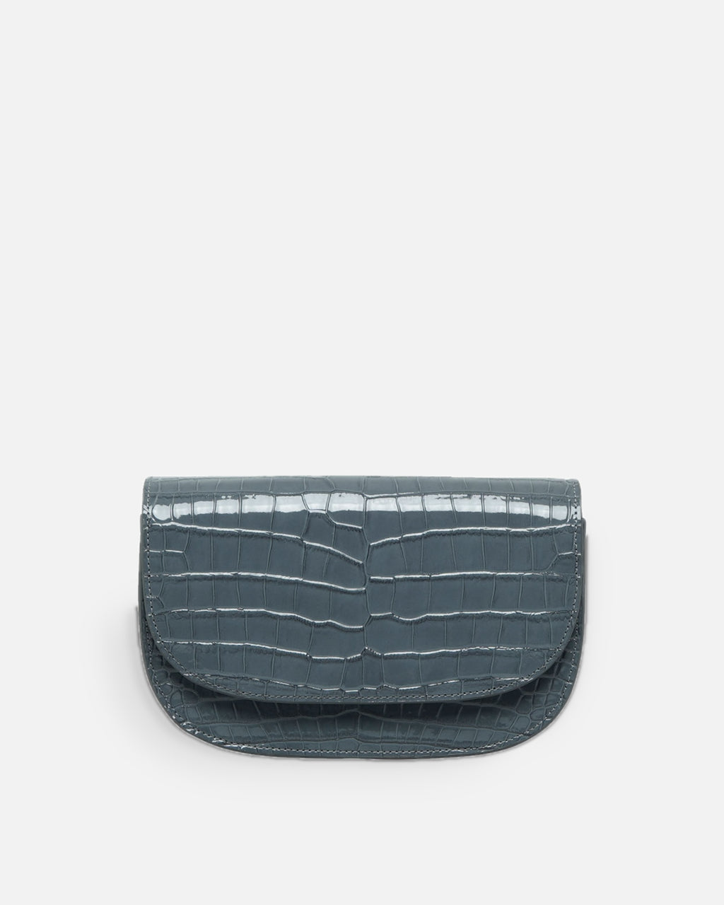 CARMEL Glacier Grey croc-embossed crescent flap bag, front view