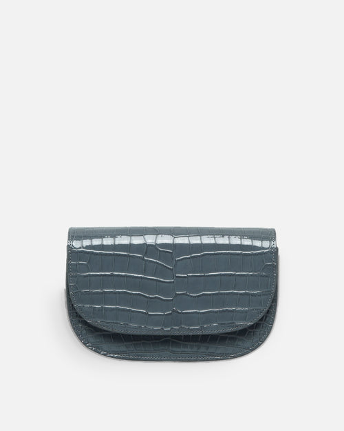 CARMEL Glacier Grey croc-embossed crescent flap bag, front view