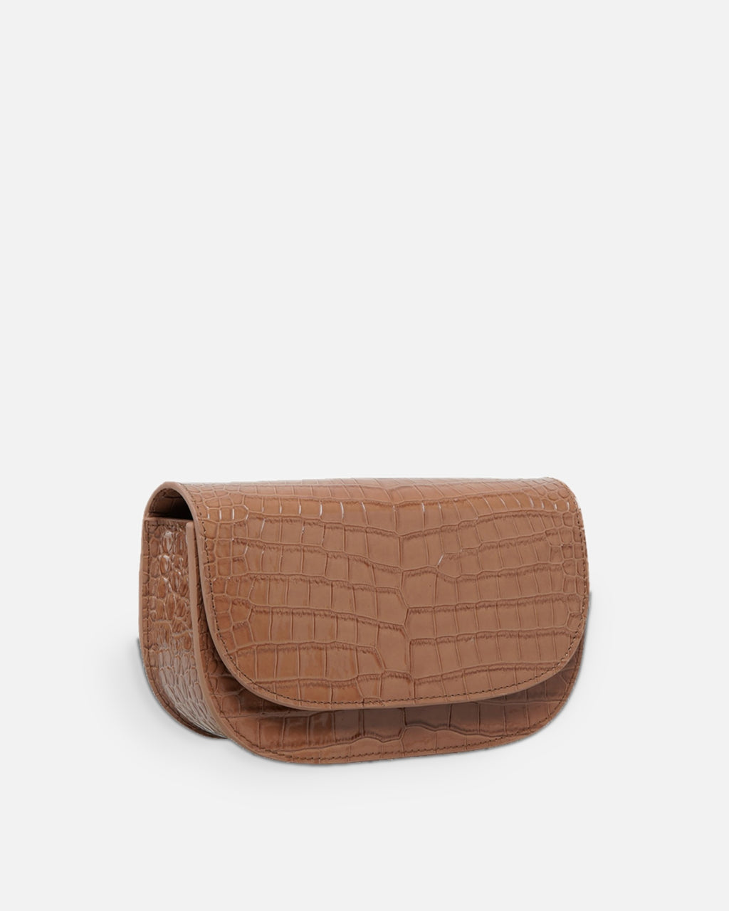 CARMEL Oat Brown croc-embossed crescent flap bag, side view