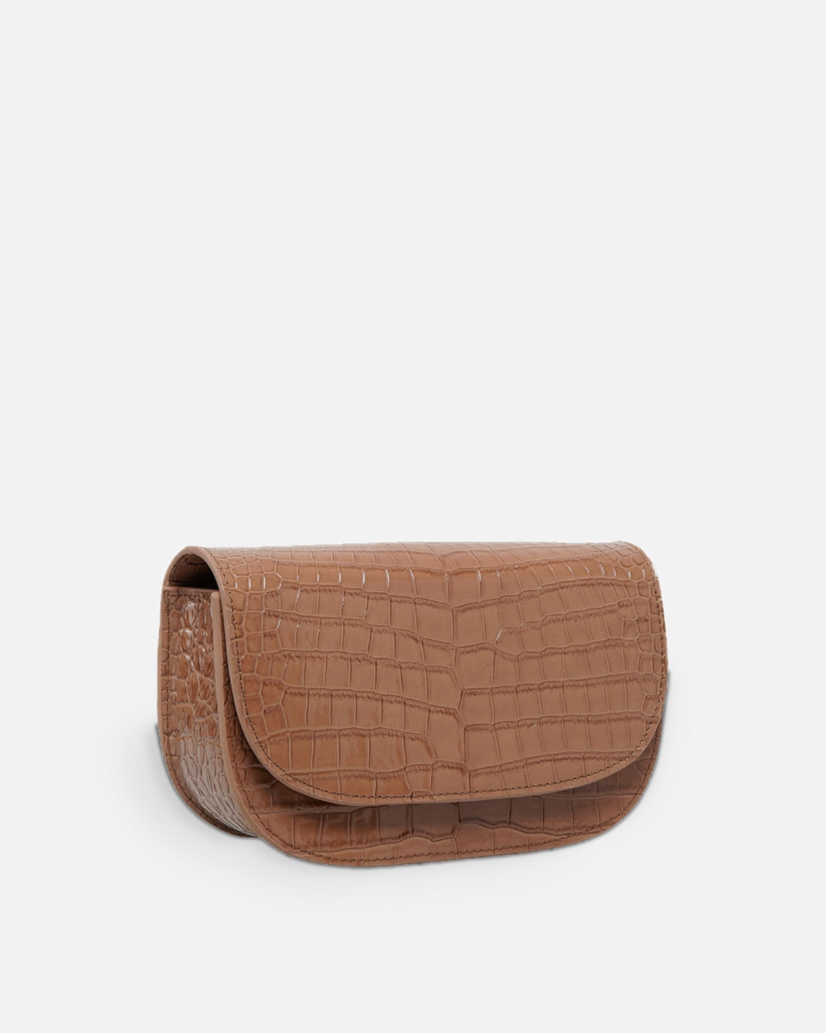 CARMEL Oat Brown croc-embossed crescent flap bag, side view