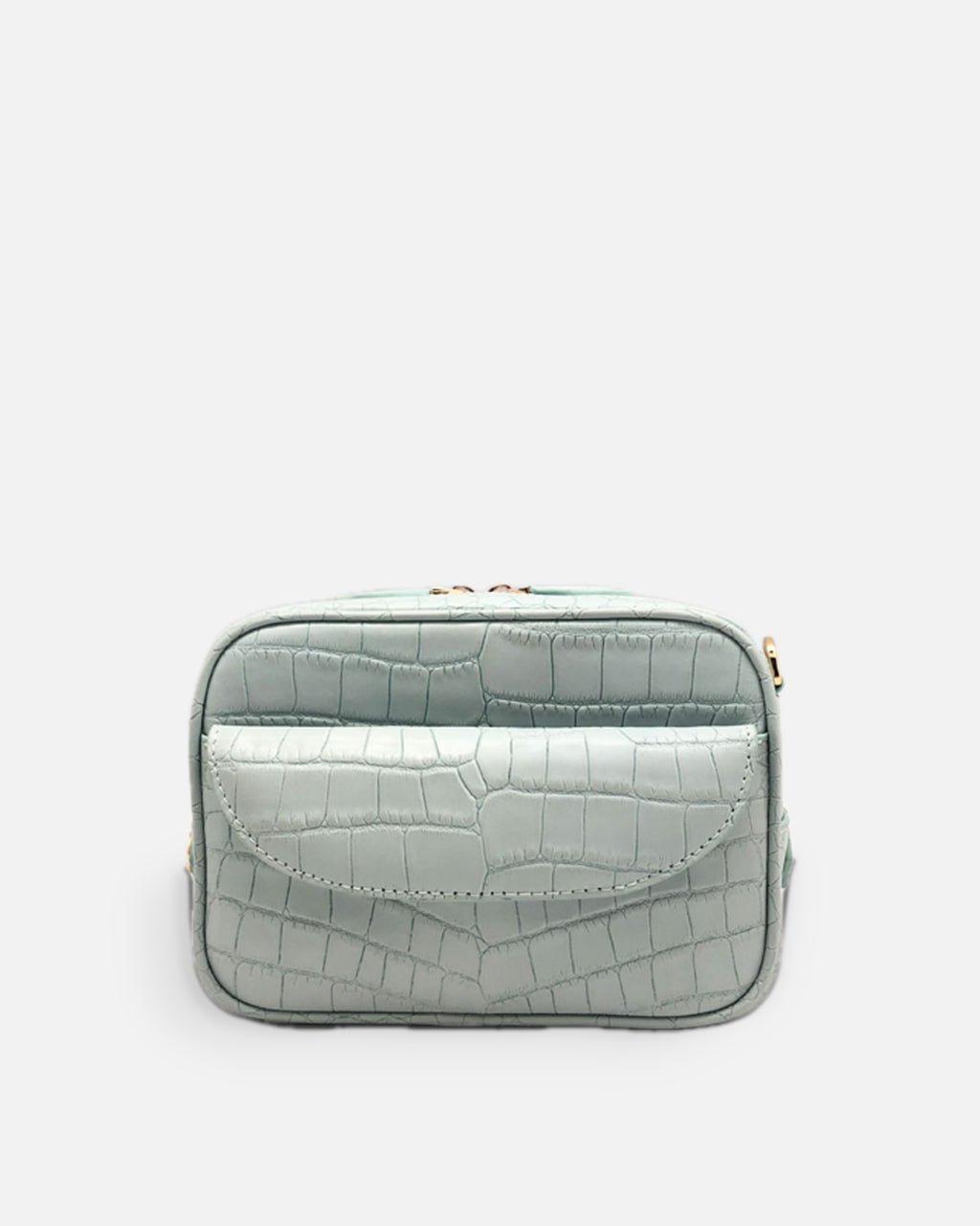 COMO Artic Blue croc-embossed shoulder bag with front flap pocket, front view