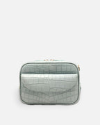 COMO Artic Blue croc-embossed shoulder bag with front flap pocket, front view