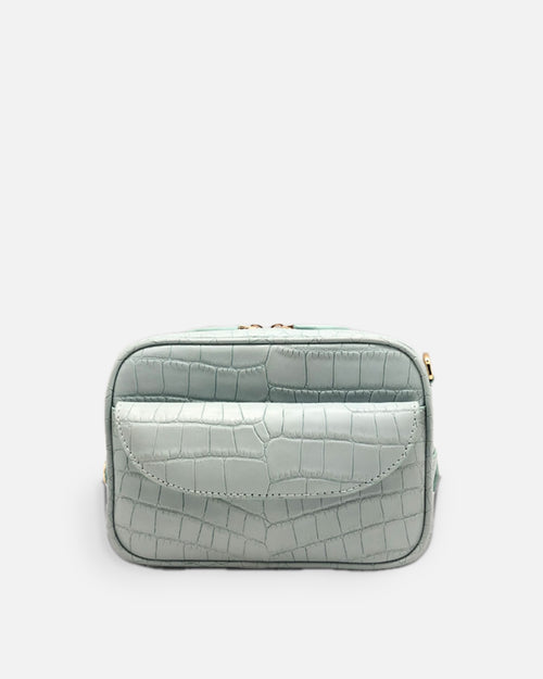 COMO Artic Blue croc-embossed shoulder bag with front flap pocket, front view