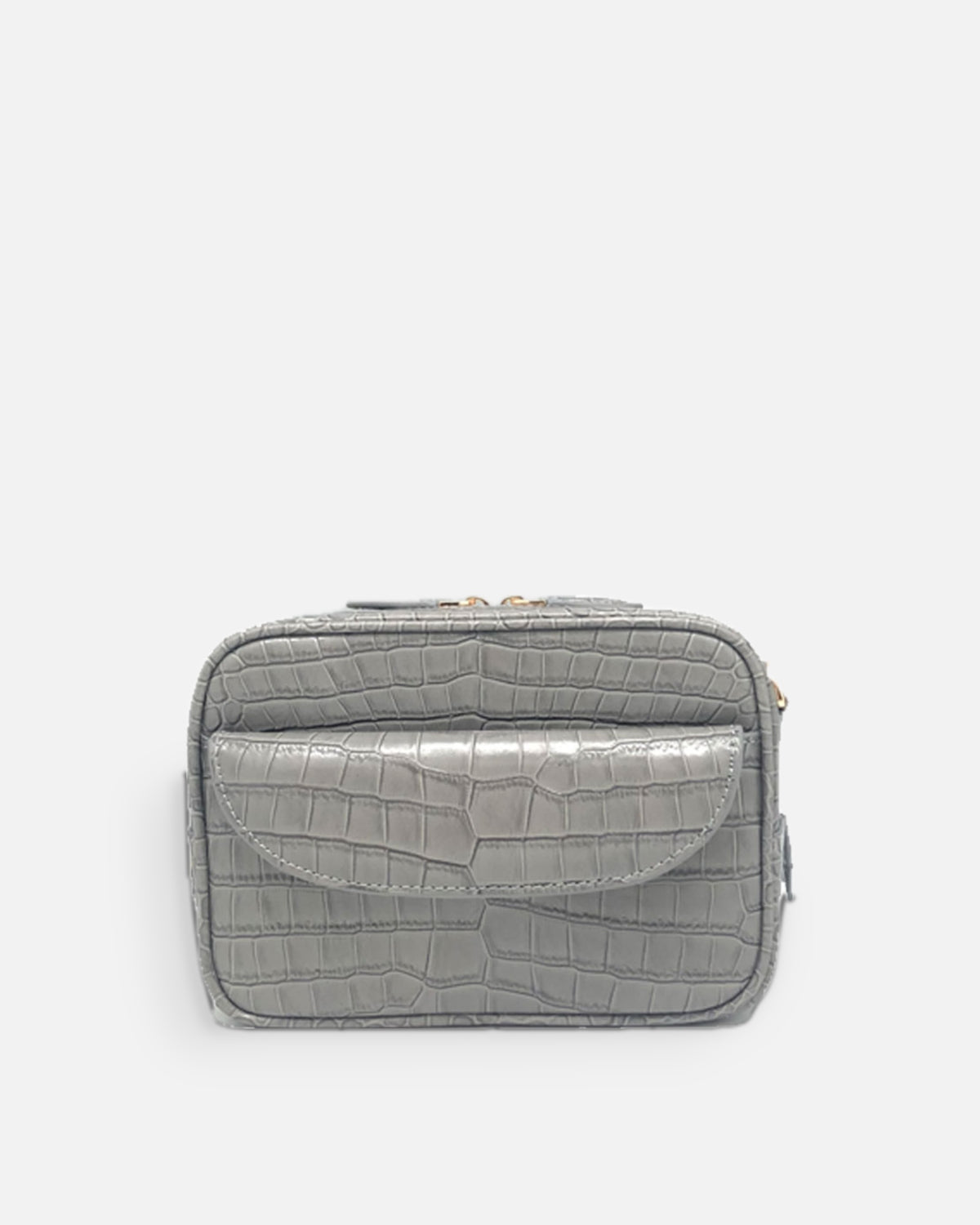 COMO Whisper Grey croc-embossed shoulder bag with front flap pocket, front view