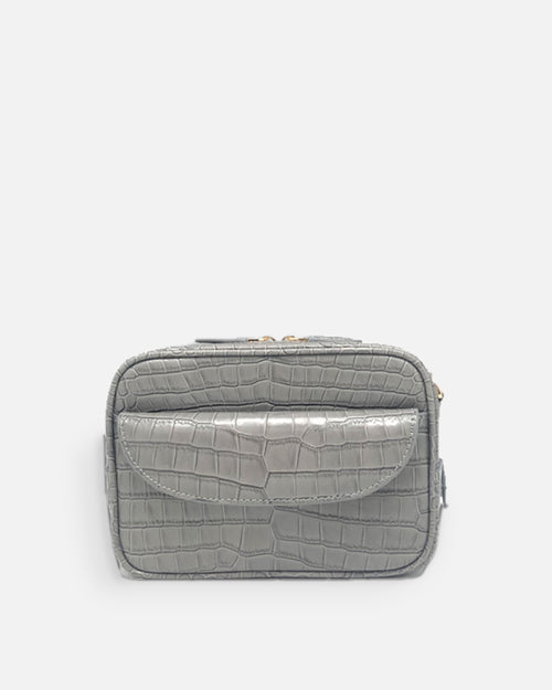 COMO Whisper Grey croc-embossed shoulder bag with front flap pocket, front view