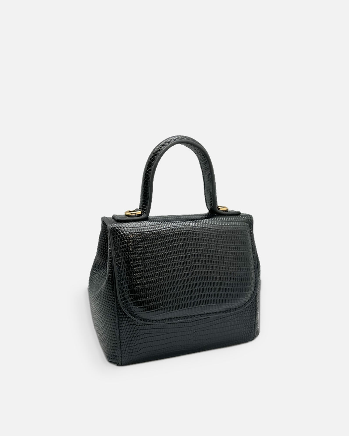 FLORENCE Lizard Black top-handle flap bag, side view