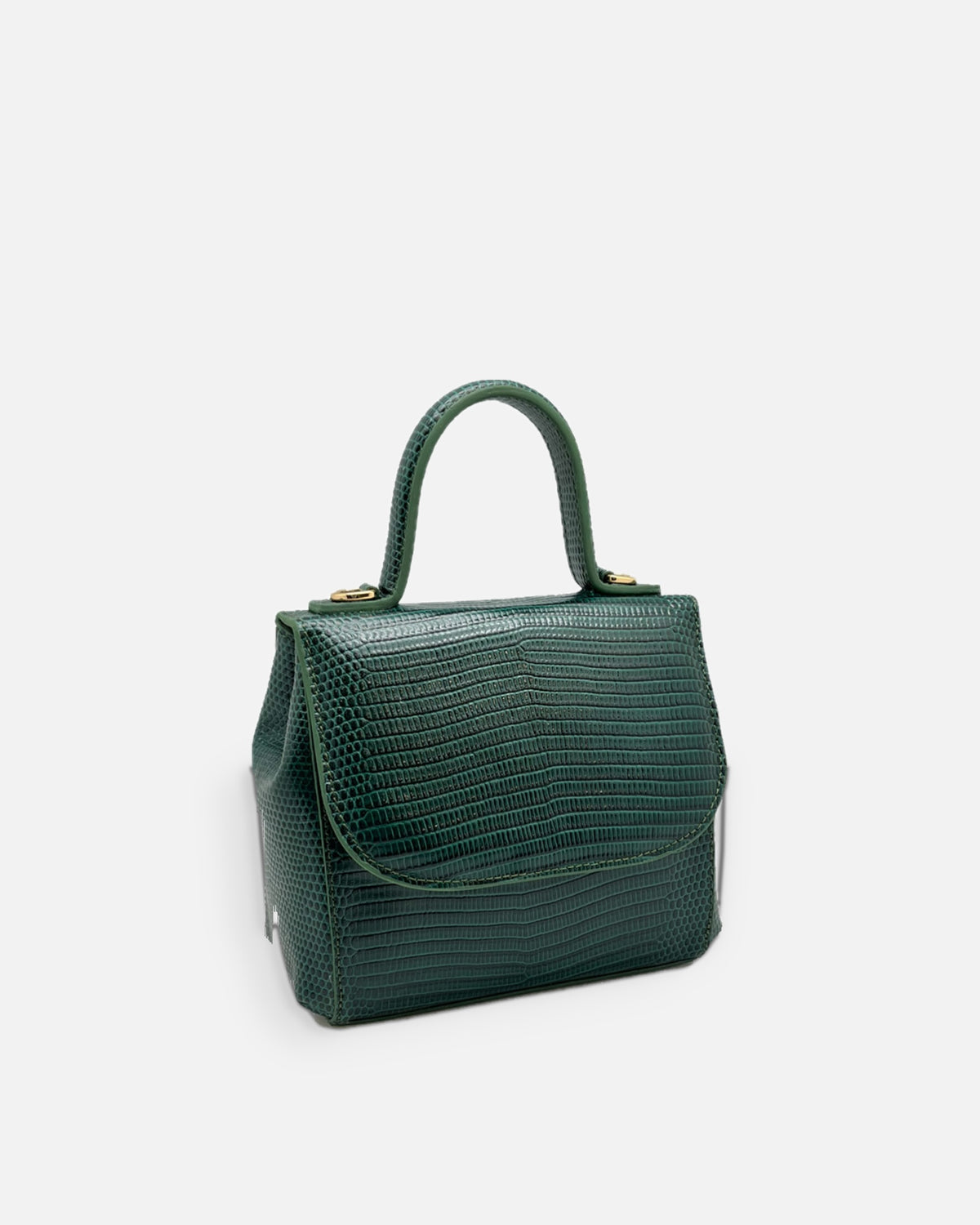 FLORENCE Lizard Dark Green top-handle flap bag, side view