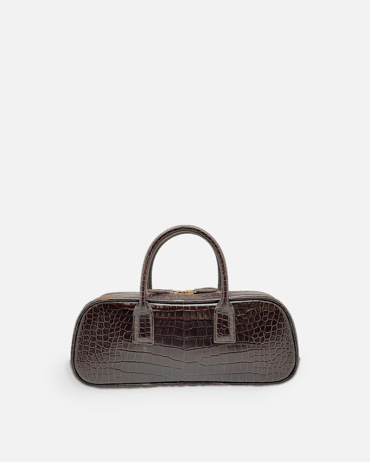 LUCCA STRETCH Cedar Brown croc-embossed elongated bowling bag, front view
