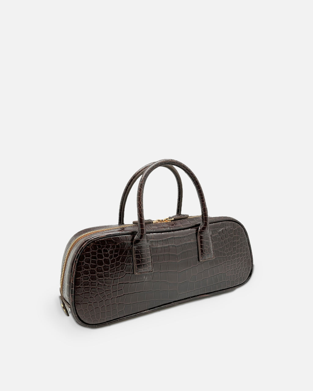 LUCCA STRETCH Cedar Brown croc-embossed elongated bowling bag, side view