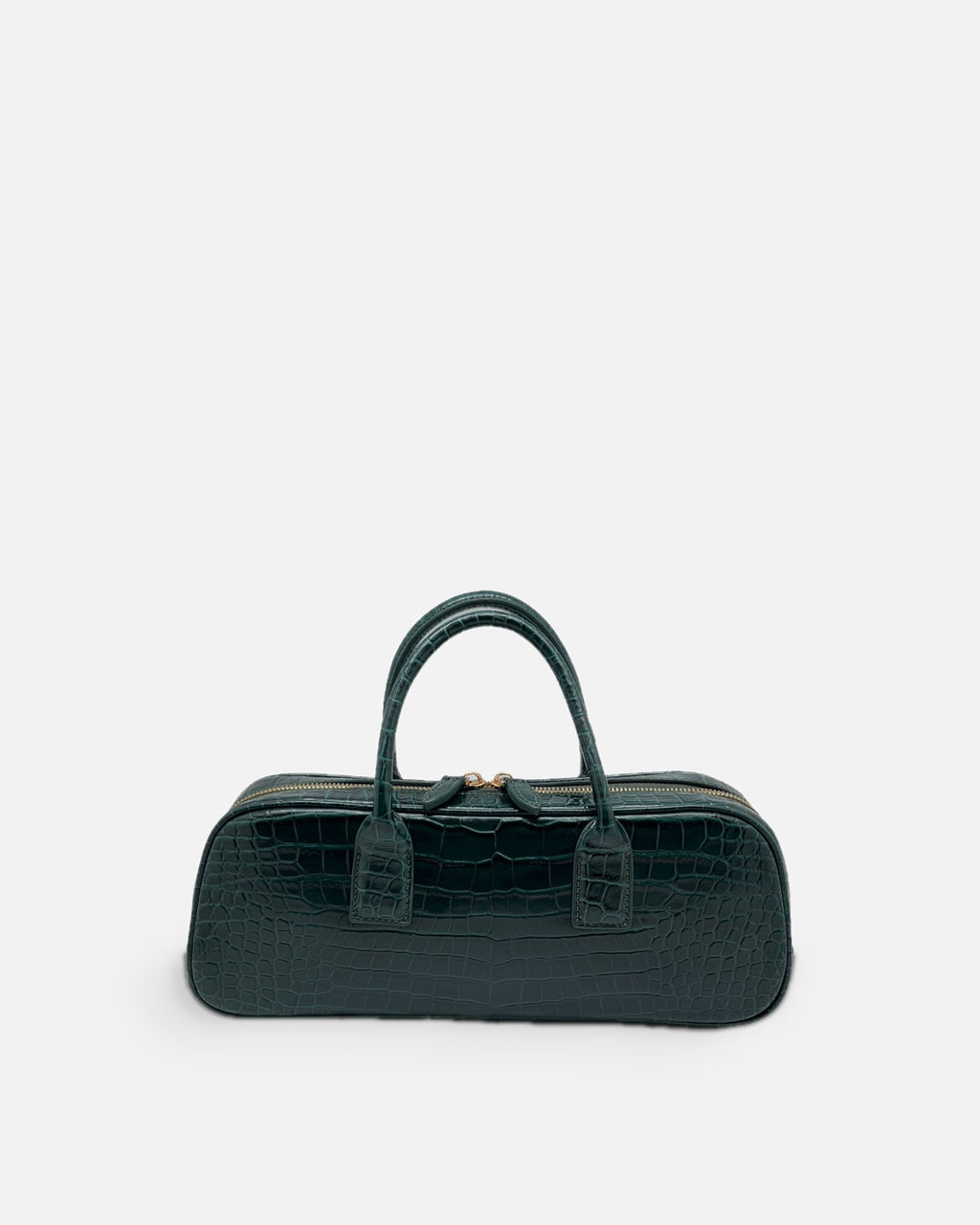 LUCCA STRETCH Dark Green croc-embossed elongated bowling bag, front view