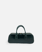 LUCCA STRETCH Dark Green croc-embossed elongated bowling bag, front view