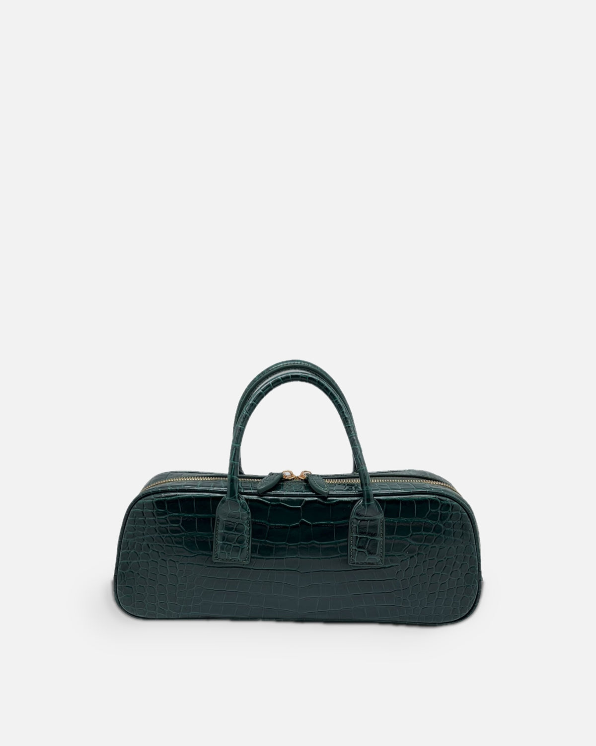 LUCCA STRETCH Dark Green croc-embossed elongated bowling bag, front view