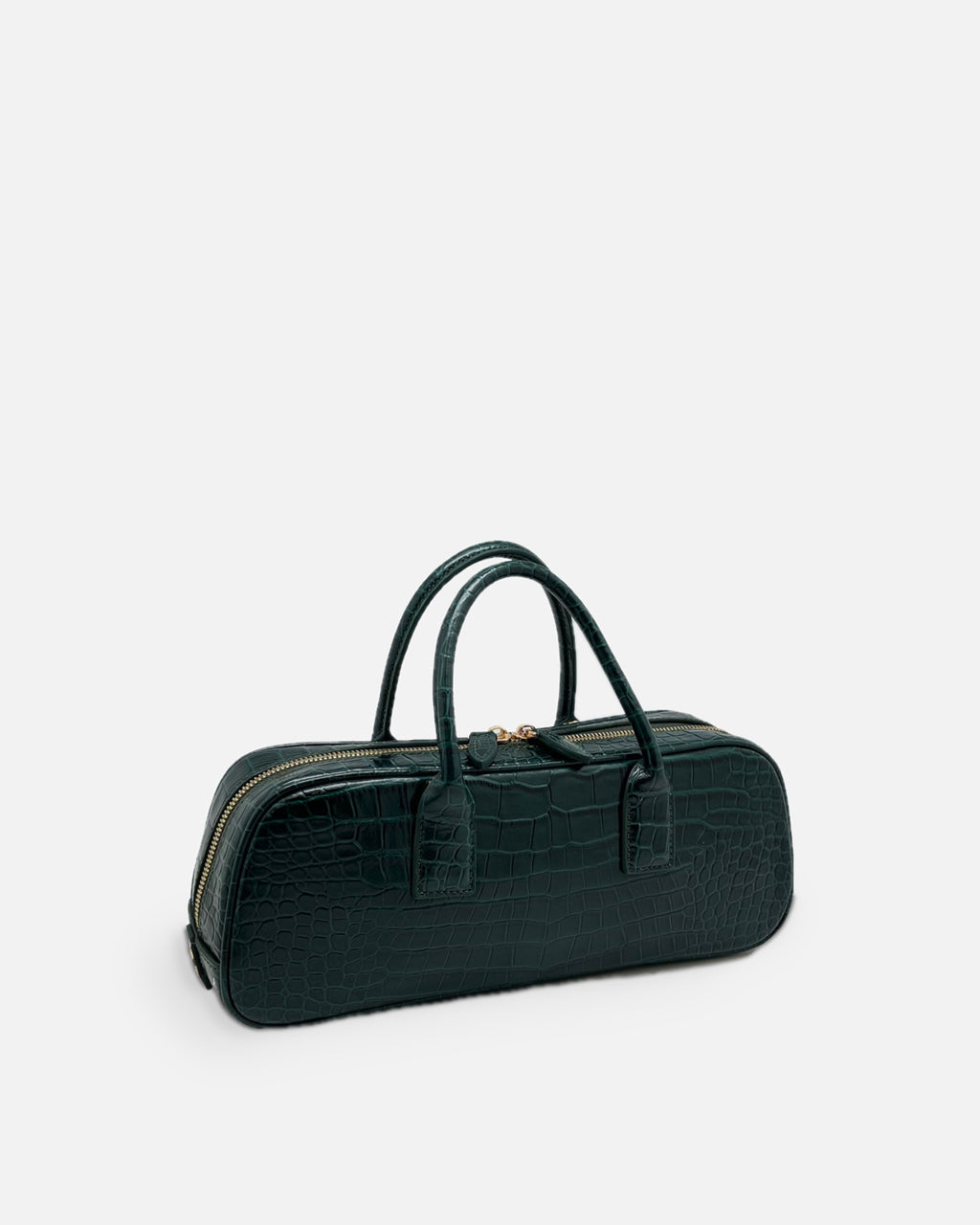 LUCCA STRETCH Dark Green croc-embossed elongated bowling bag, side view