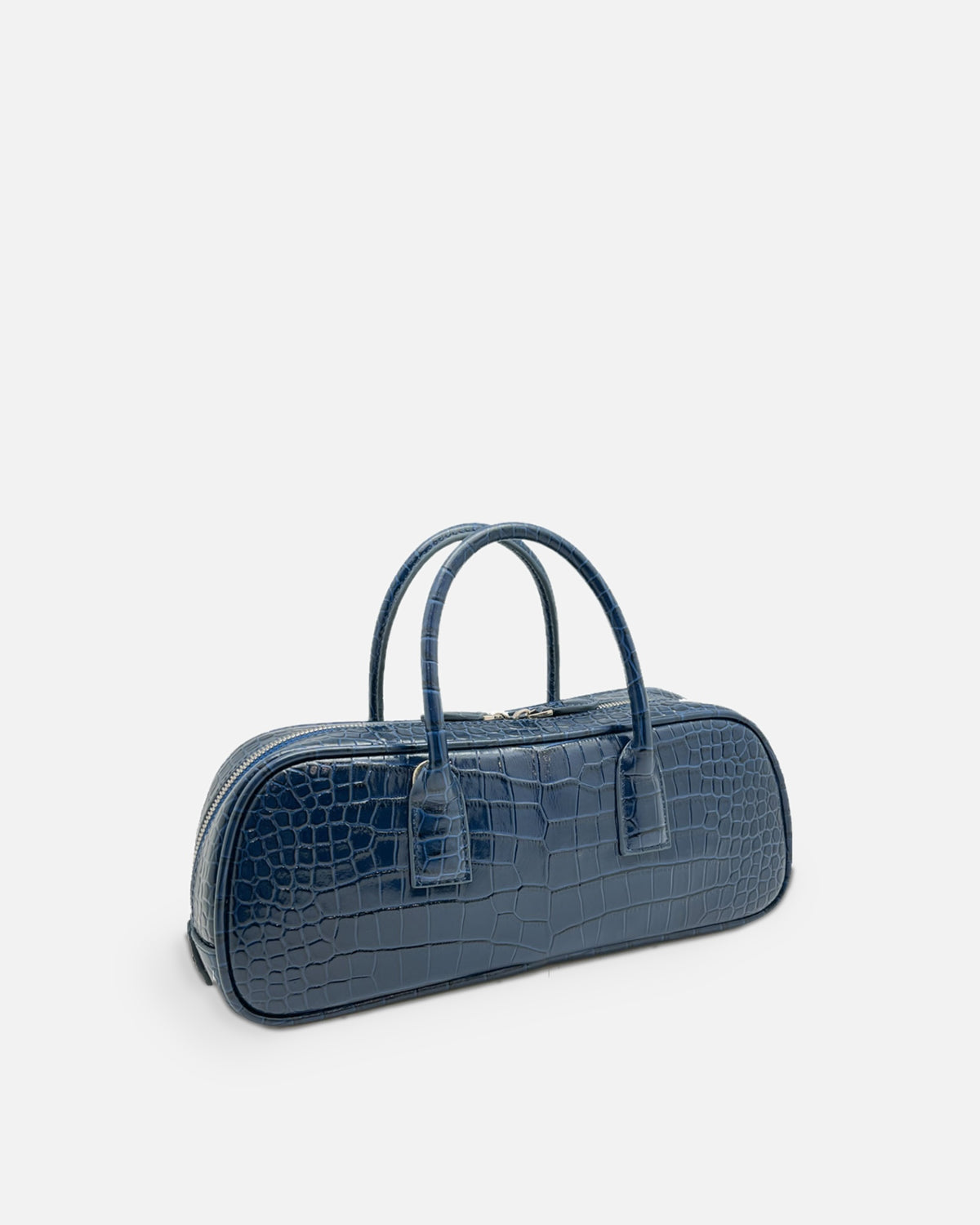 LUCCA STRETCH Midnight Blue croc-embossed elongated bowling bag, side view