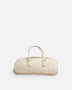 LUCCA STRETCH White Linen croc-embossed elongated bowling bag, front view