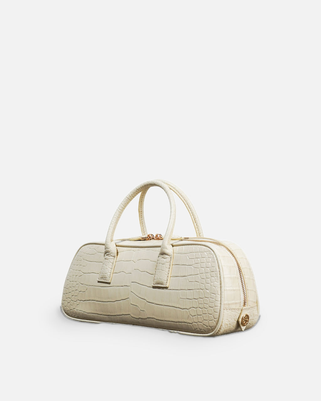 LUCCA STRETCH White Linen croc-embossed elongated bowling bag, side view