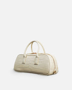 LUCCA STRETCH White Linen croc-embossed elongated bowling bag, side view