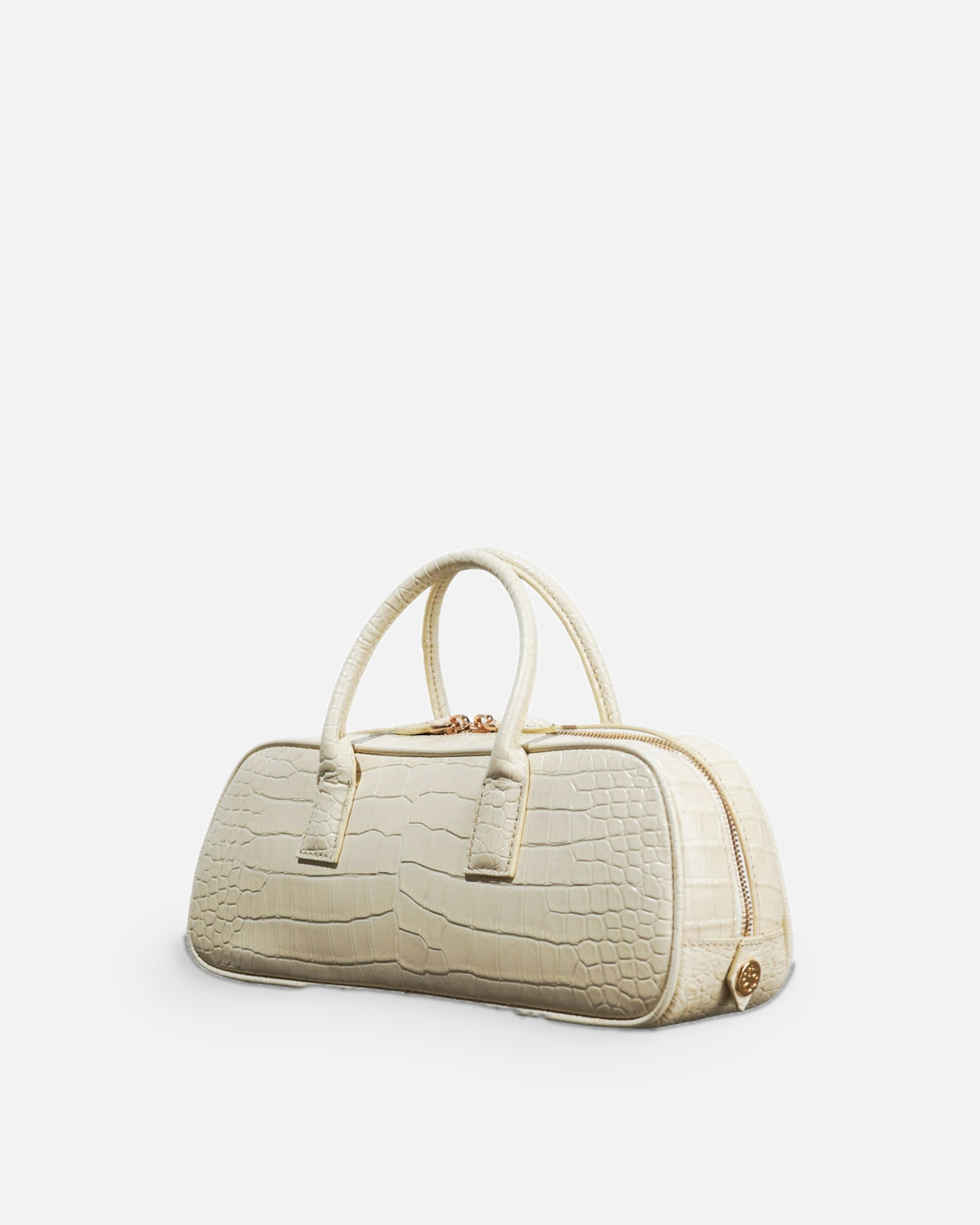 LUCCA STRETCH White Linen croc-embossed elongated bowling bag, side view